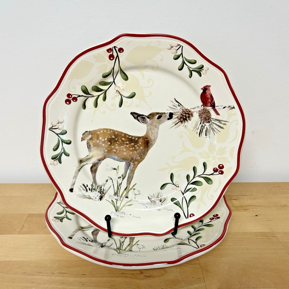 BHG Heritage Collection Winter Forest Salad Plates Set of 2 Deer Cardinal Rustic